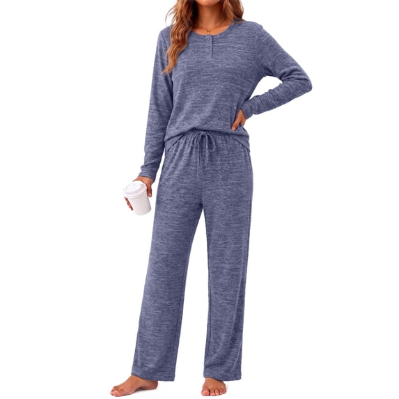 Weekease Woman Pajamas Set Henley Neck Long Sleeve Tops Drawstring Pants Two Piece Outfit Loungewear with Pockets