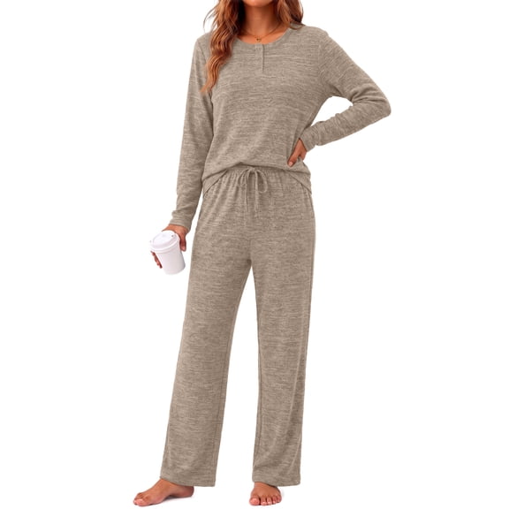 Weekease Woman Pajamas Set Henley Neck Long Sleeve Tops Drawstring Pants Two Piece Outfit Loungewear