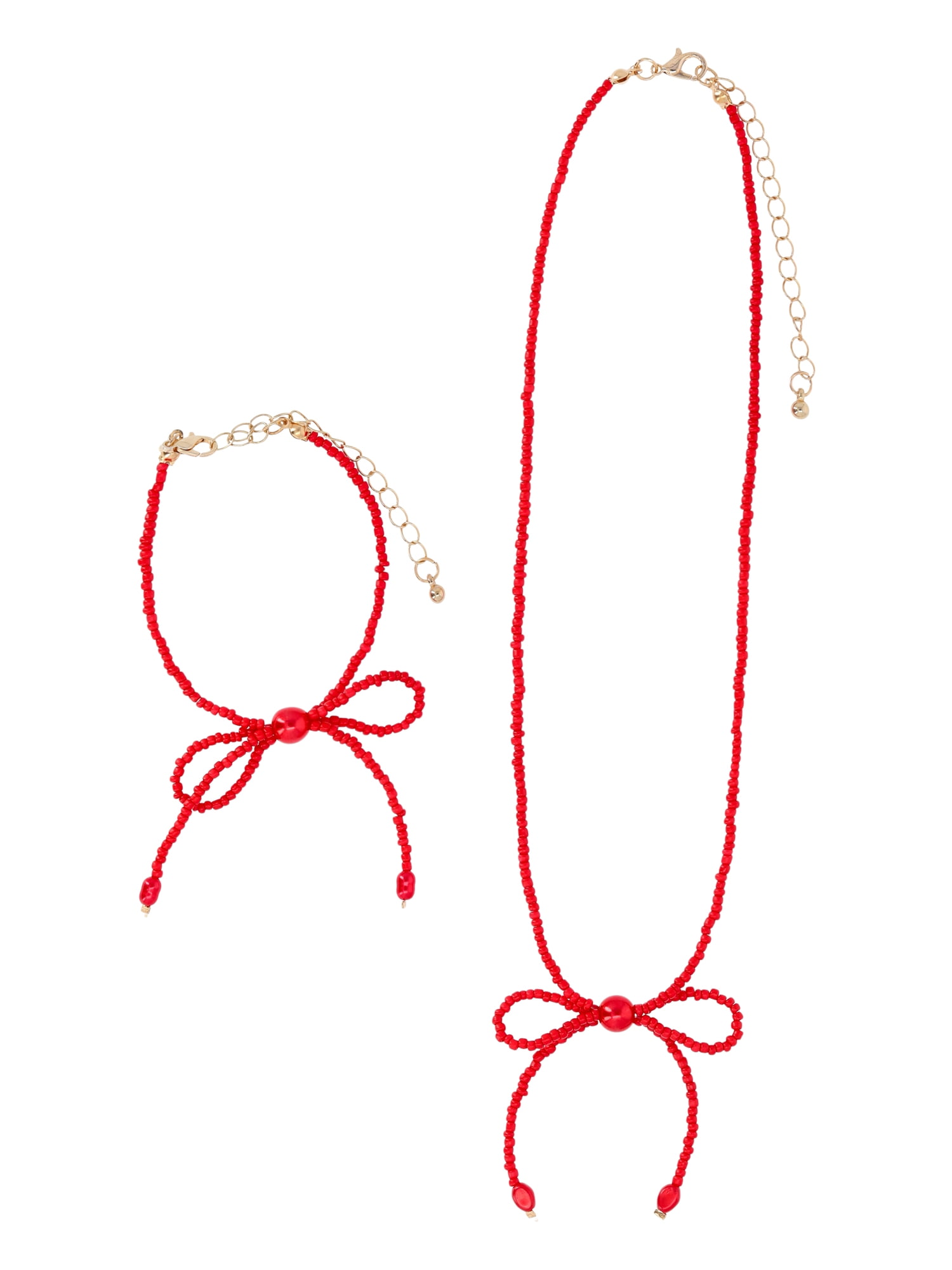 Girls Beaded Bow Necklace and Bracelet Set, 2-Piece