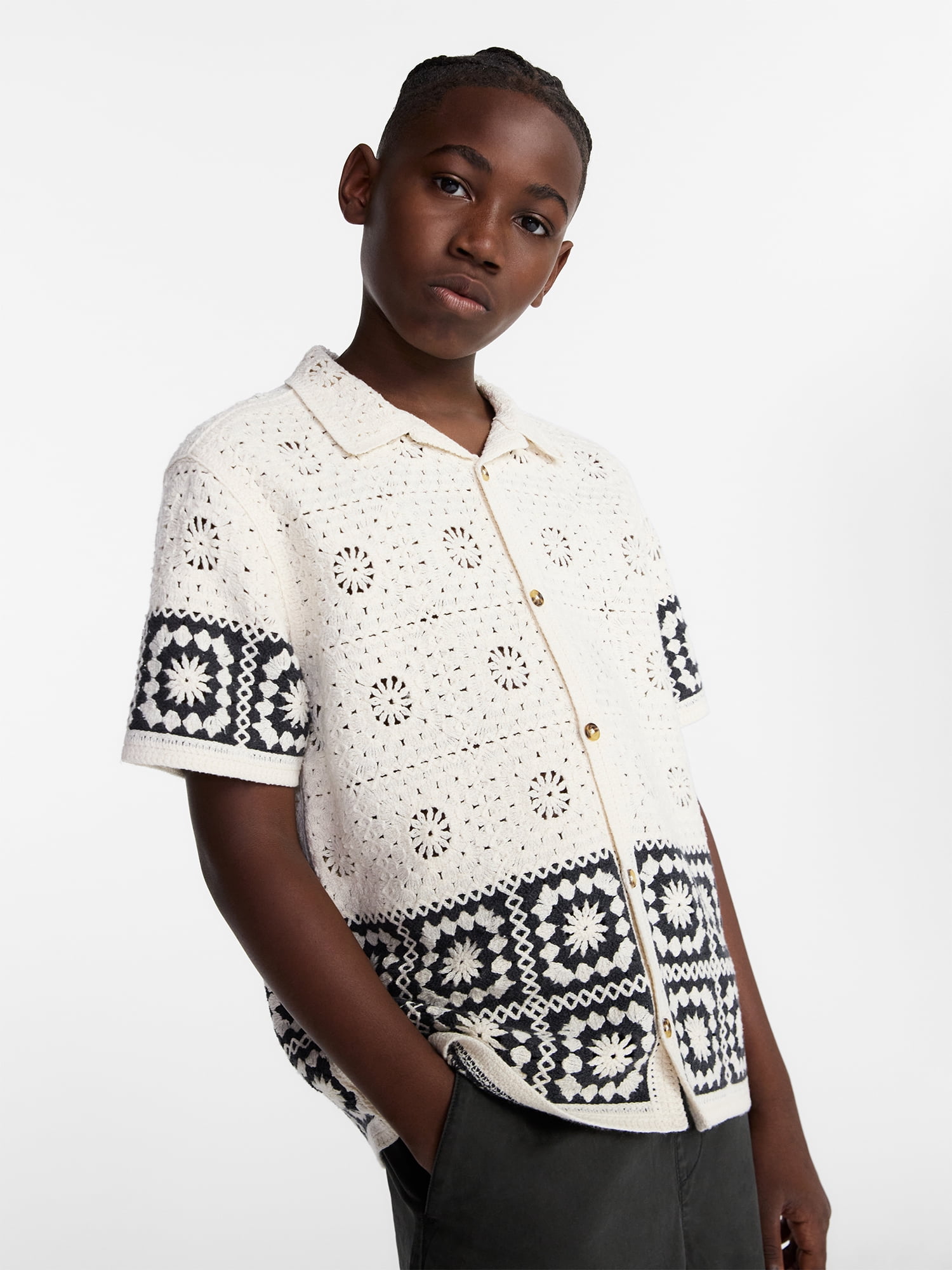 Weekend Academy Boys Crochet Button Shirt with Short Sleeves