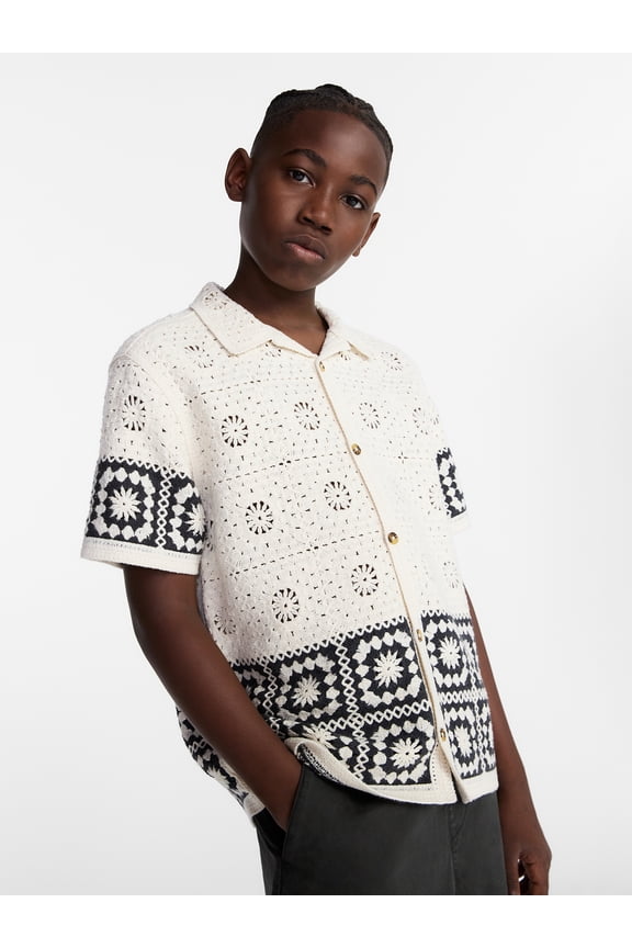 Boys Crochet Button Shirt with Short Sleeves, Sizes 4-18