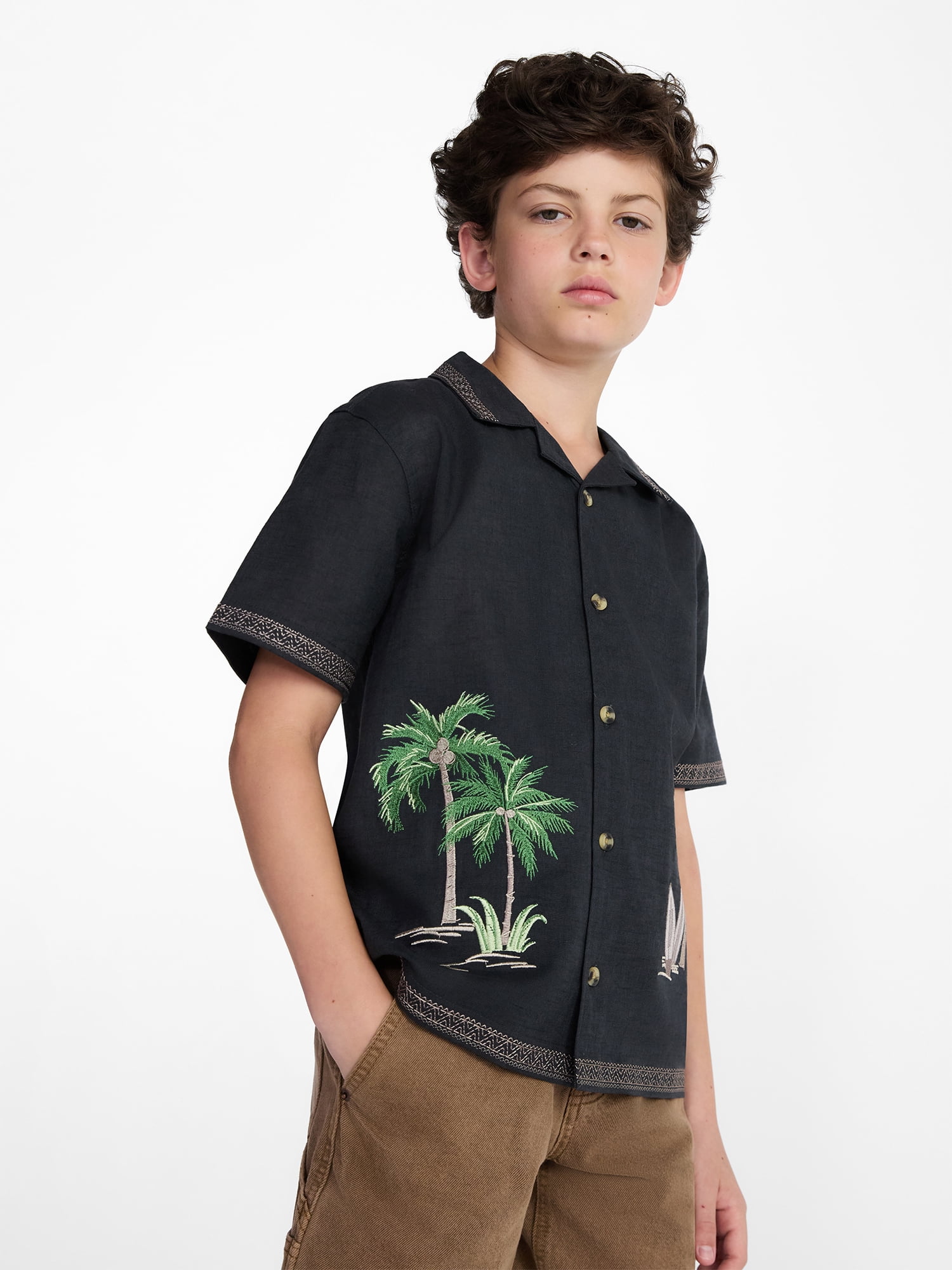 Weekend Academy Boys Embroidered Button Shirt with Short Sleeves, Sizes 4-18