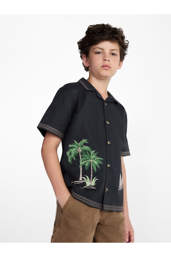 Boys Embroidered Button Shirt with Short Sleeves, Sizes 4-18