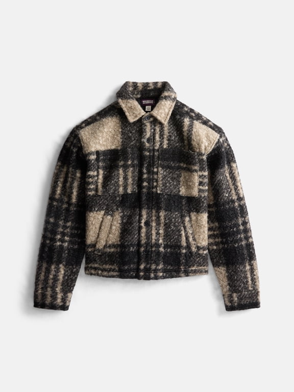 Boys Fuzzy Plaid Button Front Shacket with Long Sleeves, Sizes 4-18