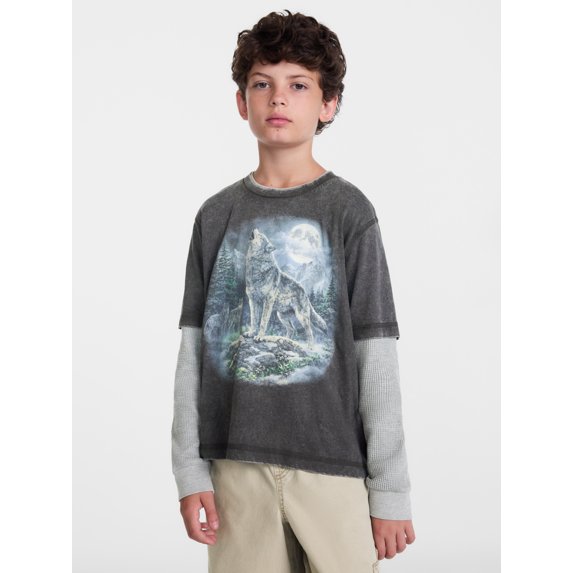 Weekend Academy Boys Layered Look Graphic Tee with Long Sleeves, Sizes 4-18