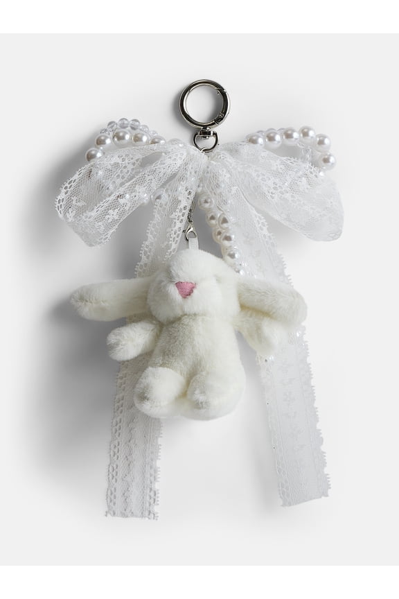 Girls Bag Charm, White Bunny with Faux Pearls & Lace