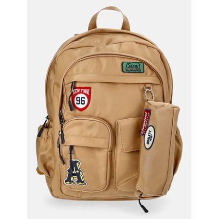 Weekend Academy Girl's Cargo Backpack with Pouch, Tan with Patches