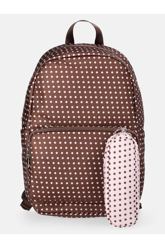 Girl's Dome Backpack with Pouch, Brown/Pink Polka Dot