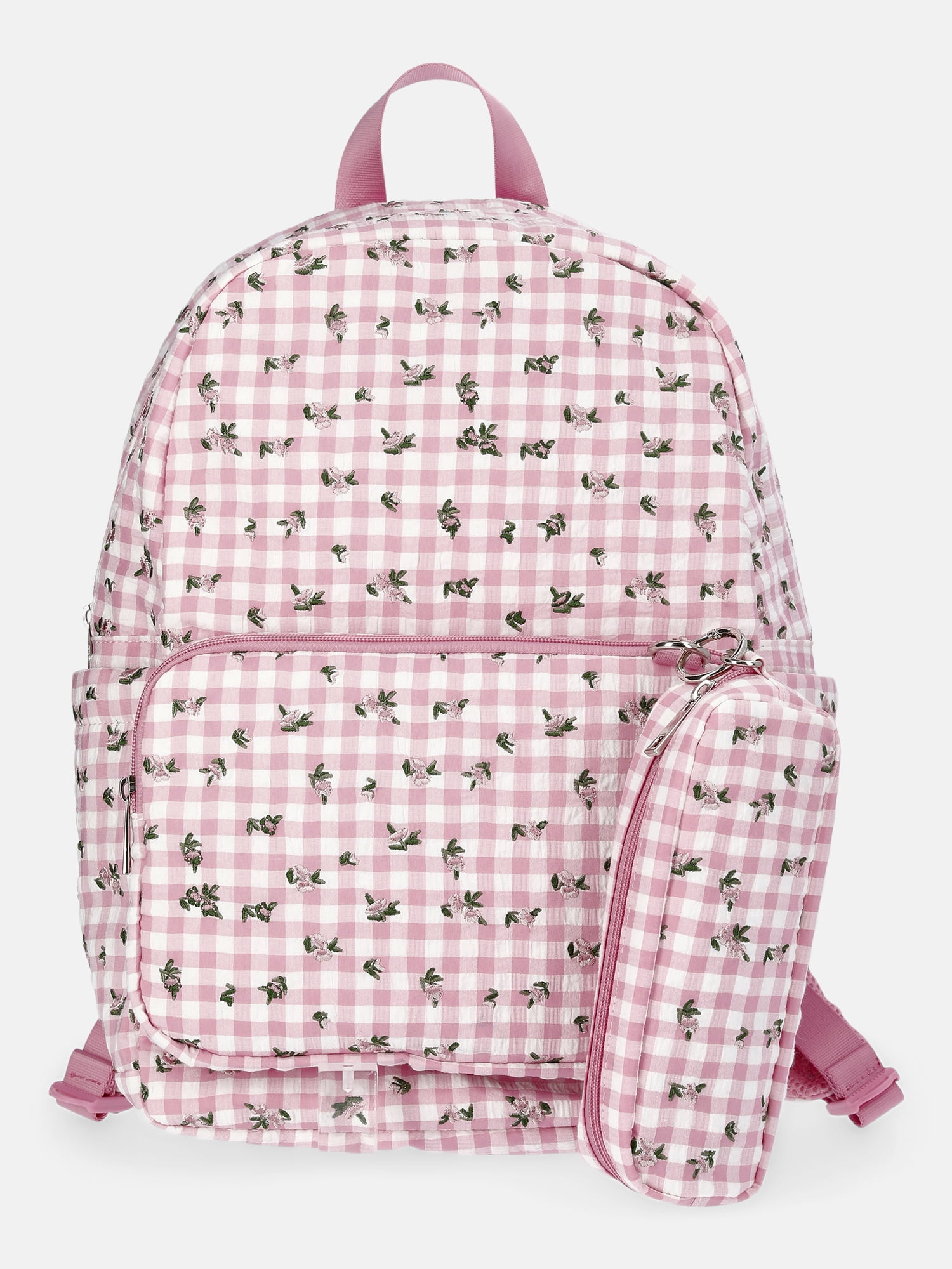 Weekend Academy Girl's Dome Backpack with Pouch, Pink Gingham with Floral Embroidery