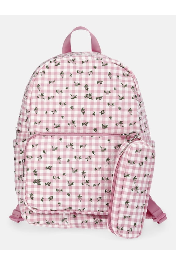 Girl's Dome Backpack with Pouch, Pink Gingham with Floral Embroidery
