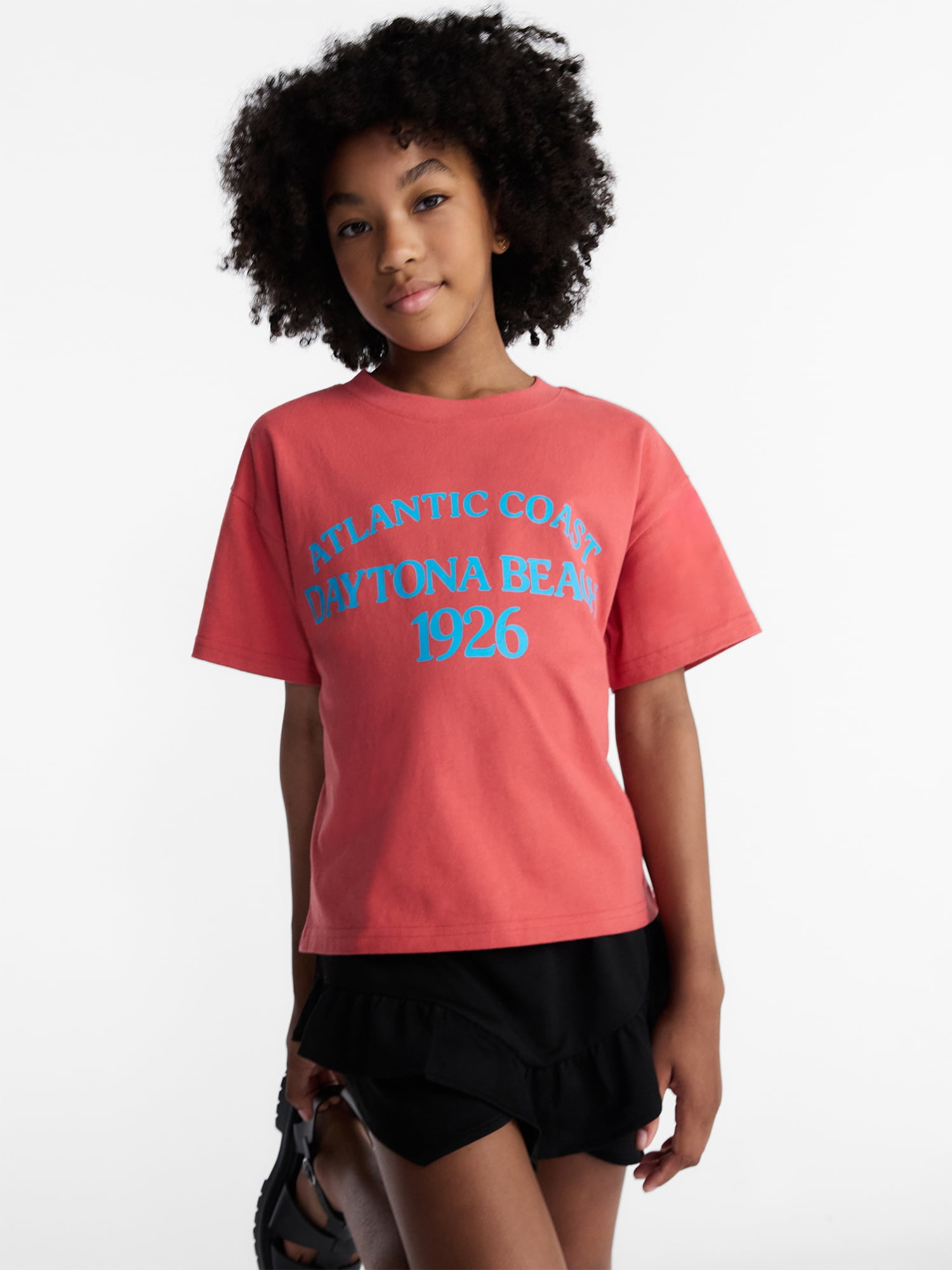 Weekend Academy Girls Oversized Graphic Cotton Tee with Short Sleeves, Sizes 4-18