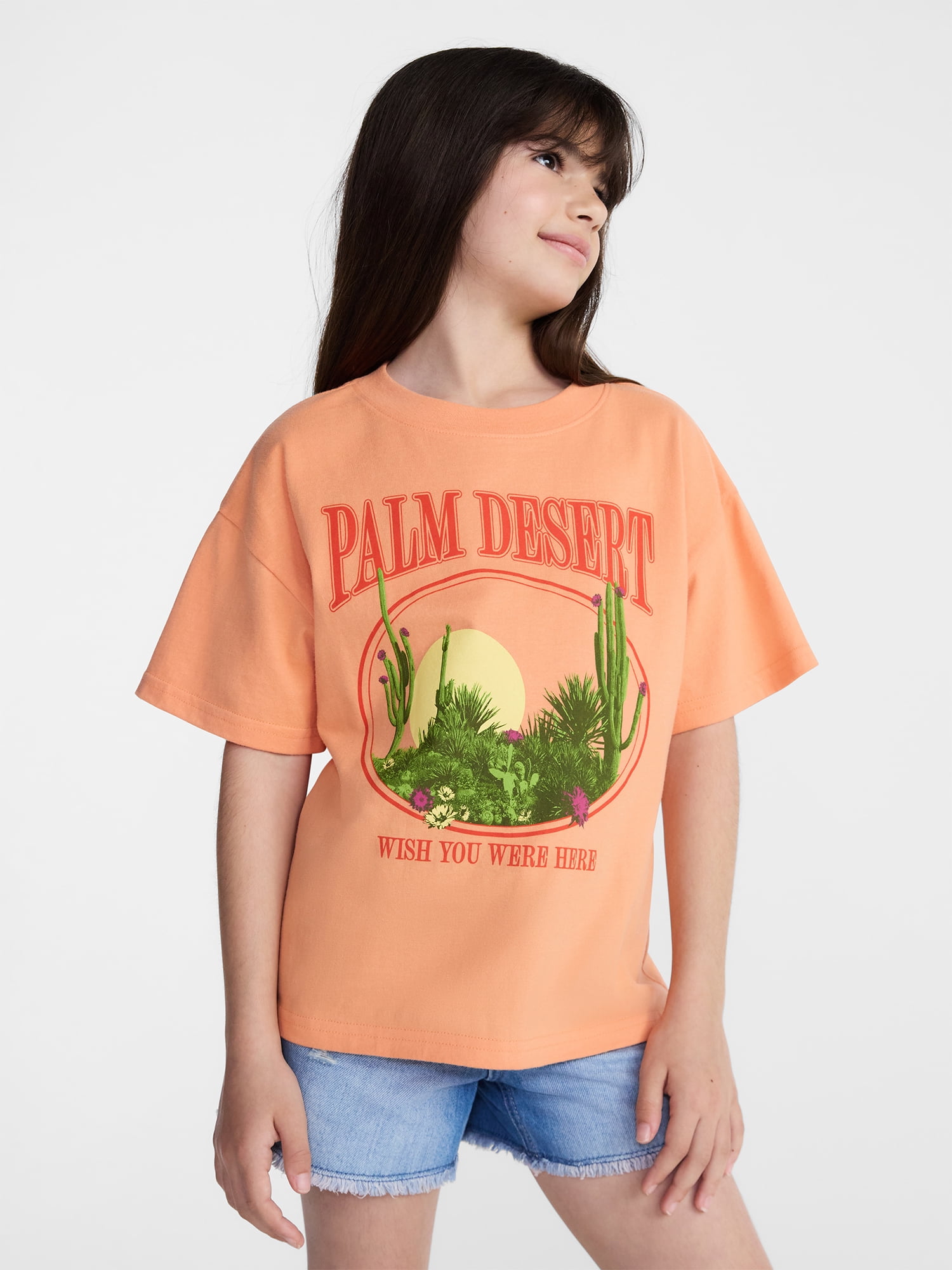 Weekend Academy Girls Oversized Graphic Cotton Tee with Short Sleeves, Sizes 4-18