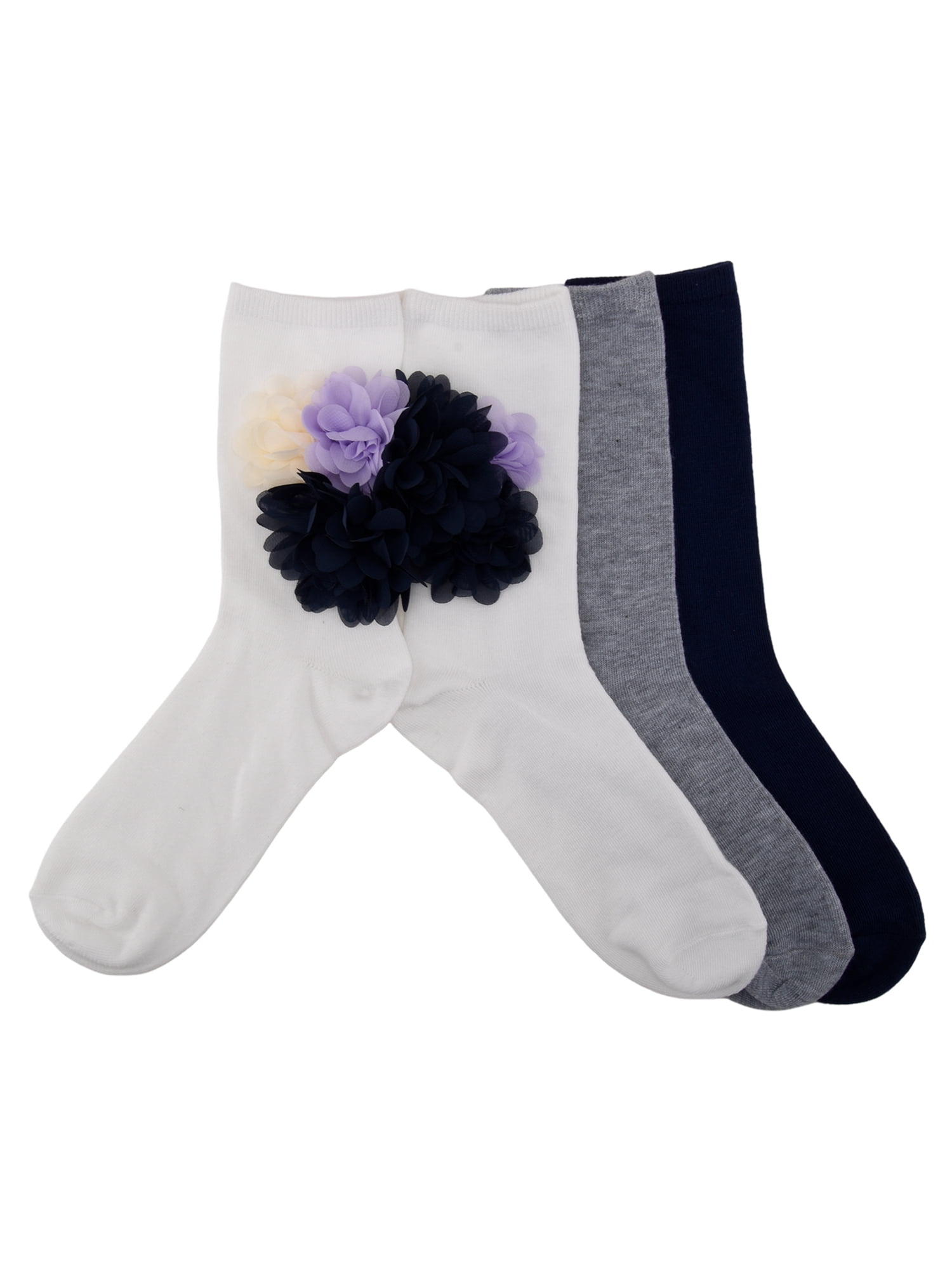 Weekend Academy Girls’ 3-Pack Floral Appliqué Crew Socks Sizes S-L