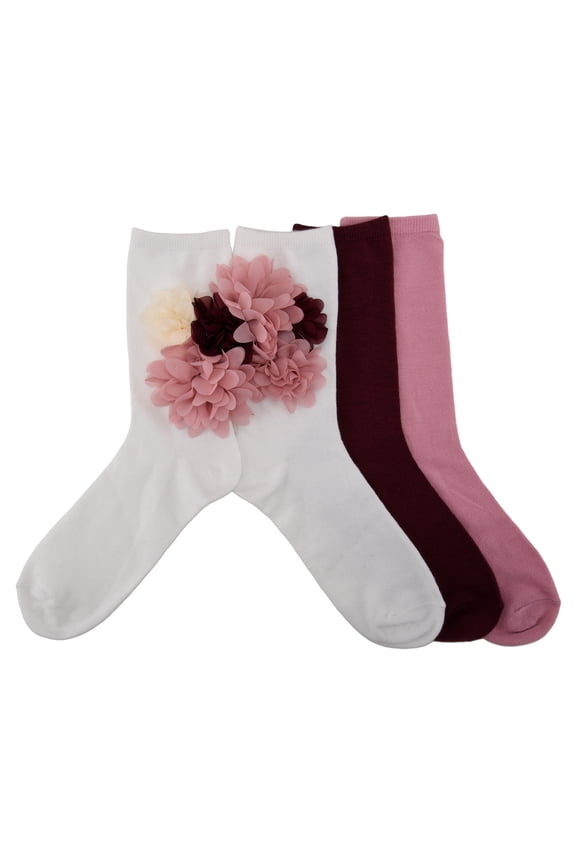 Girls’ 3-Pack Floral Appliqué Crew Socks Sizes S-L