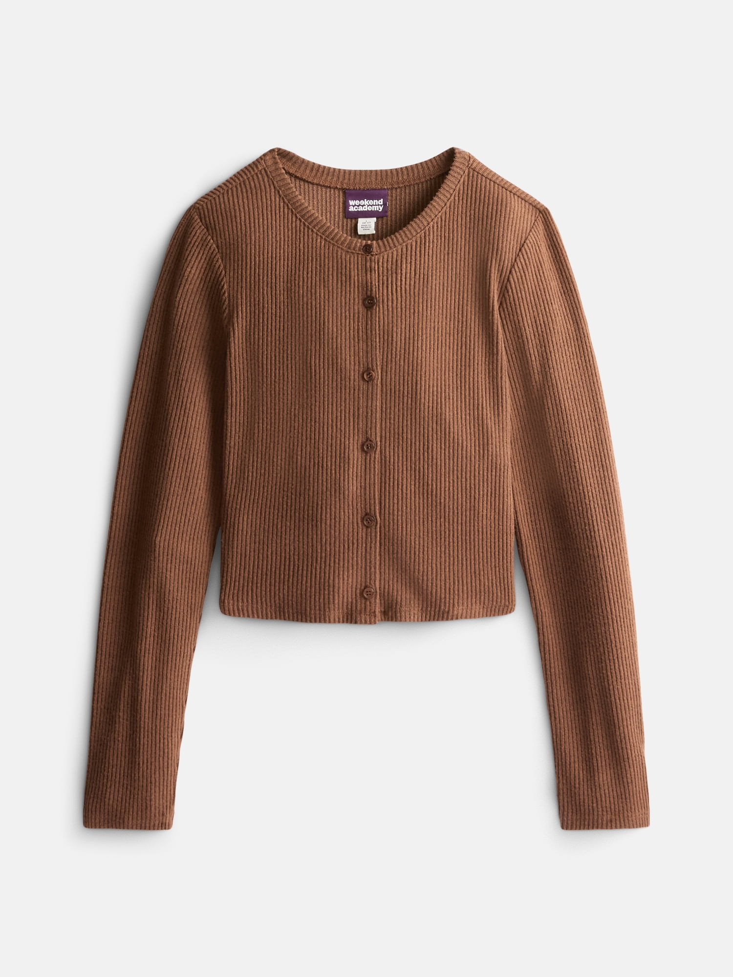 Weekend Academy Girls Ribbed Button Front Top with Long Sleeves, Sizes 4-18
