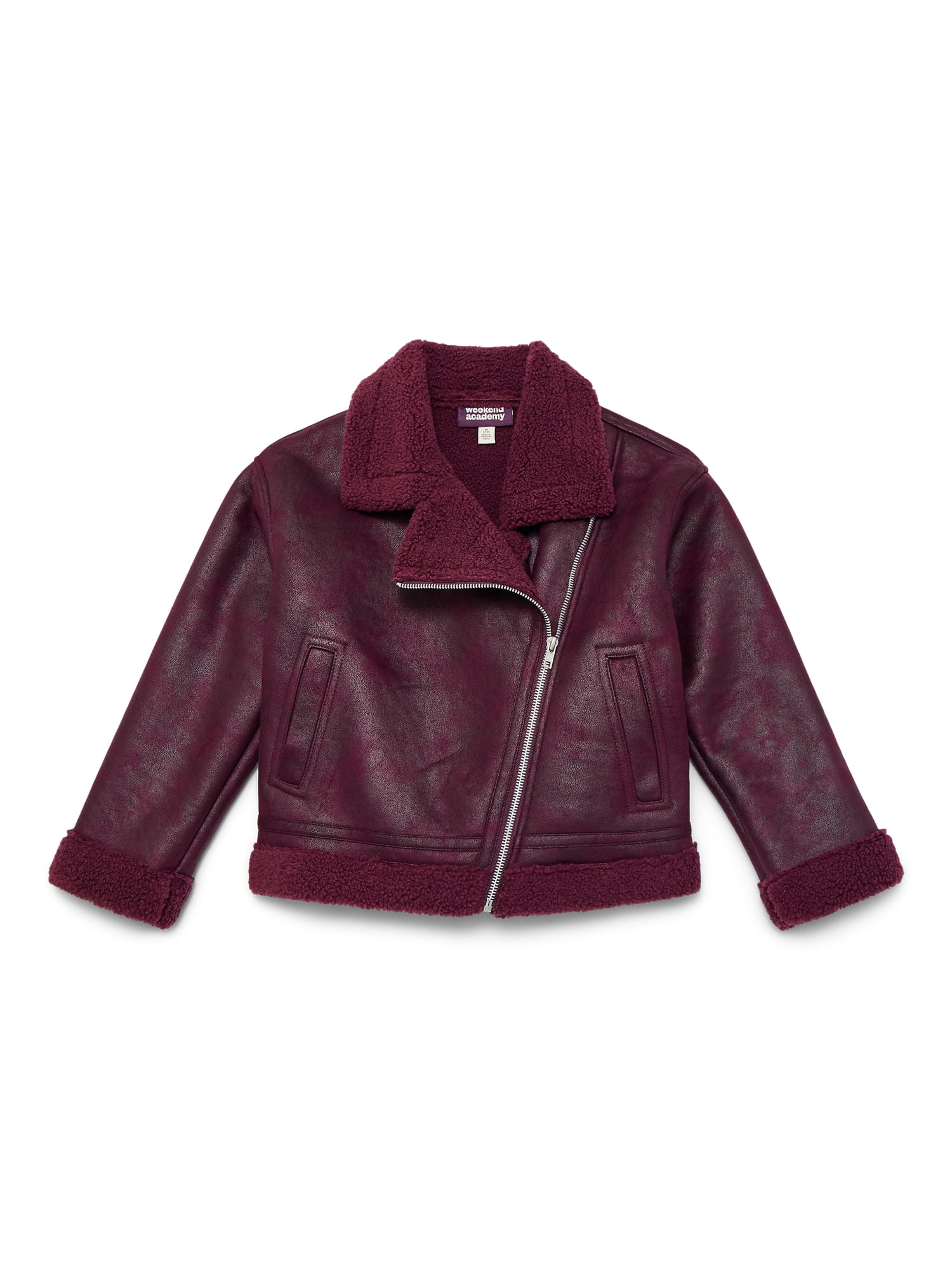 Weekend Academy Girls Faux Leather Biker Jacket with Faux Shearling Trim, Sizes 4-18