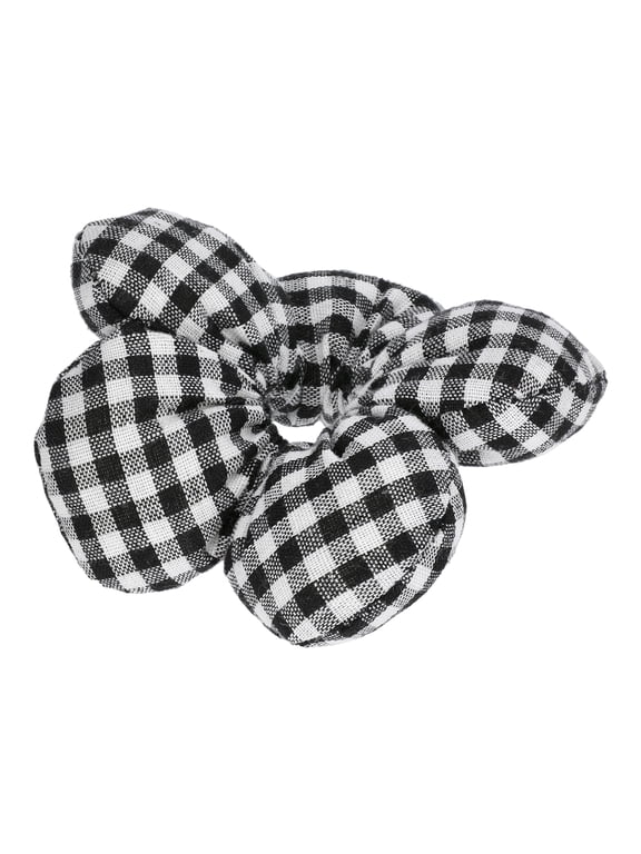 Girls Gingham Flower Scrunchie, Black/White