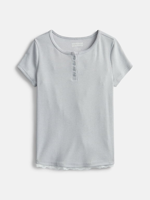 Girls Henley Tee with Lace Trim, Sizes 4-18