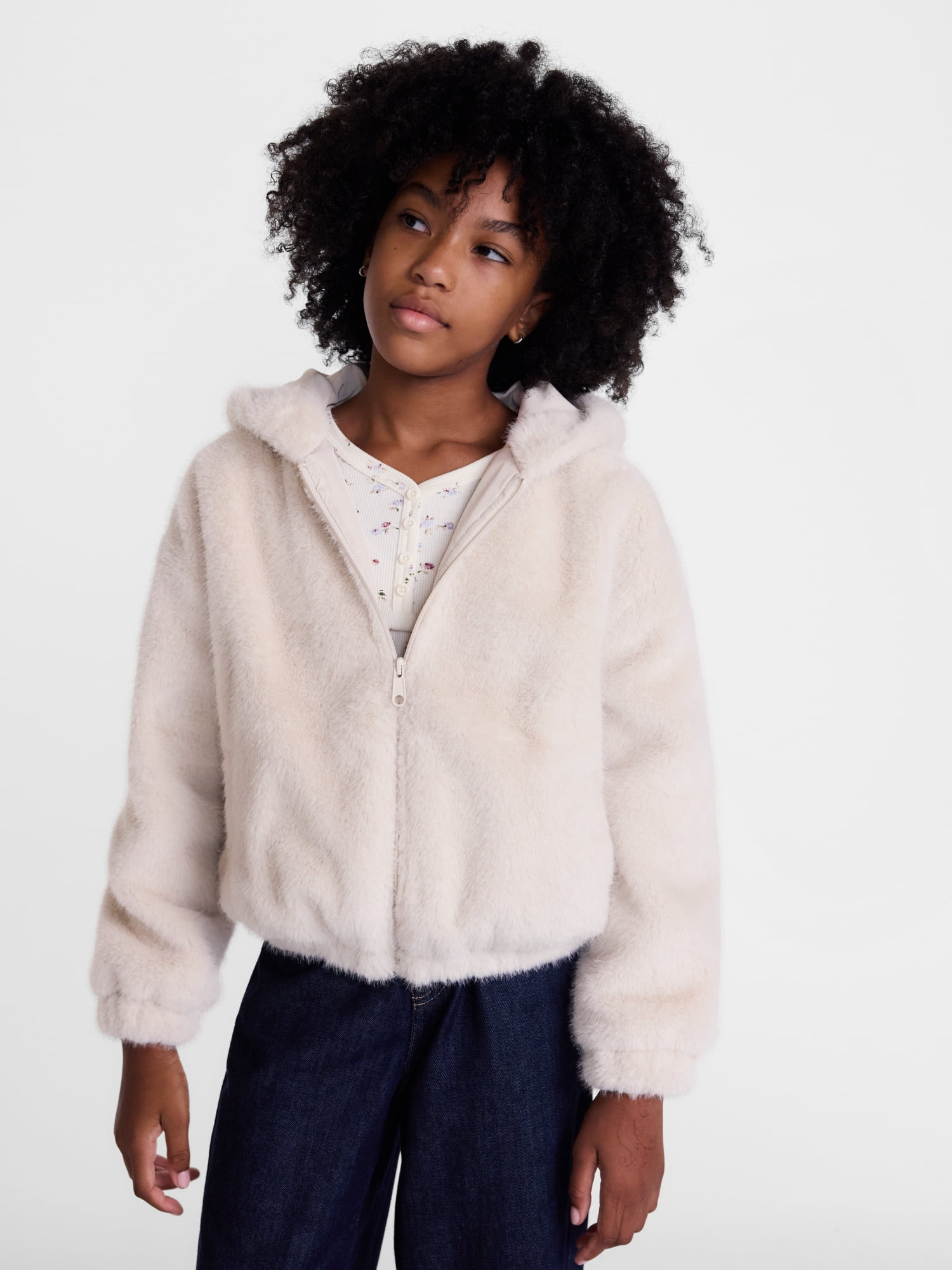 Weekend Academy Girls Fuzzy Faux Fur Hooded Jacket with Long Sleeves, Sizes 4-18
