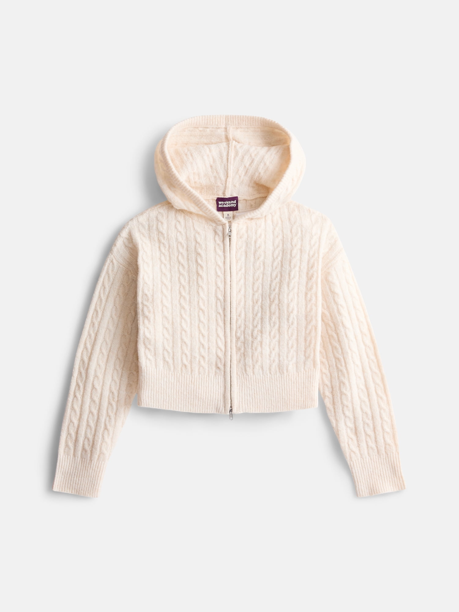 Weekend Academy Girls Full Zip Cable Knit Hoodie with Long Sleeves, Sizes 4-18