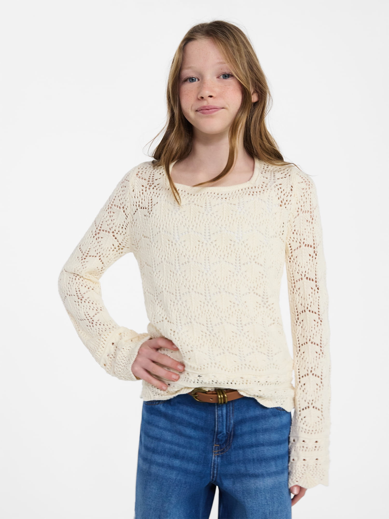 Weekend Academy Girls Crochet Top with Long Sleeves, Sizes 4-18