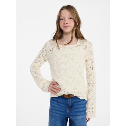 Girls Crochet Top with Long Sleeves, Sizes 4-18