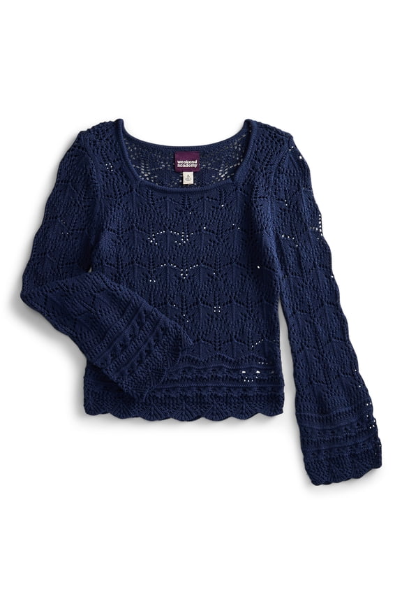 Girls Crochet Top with Long Sleeves, Sizes 4-18