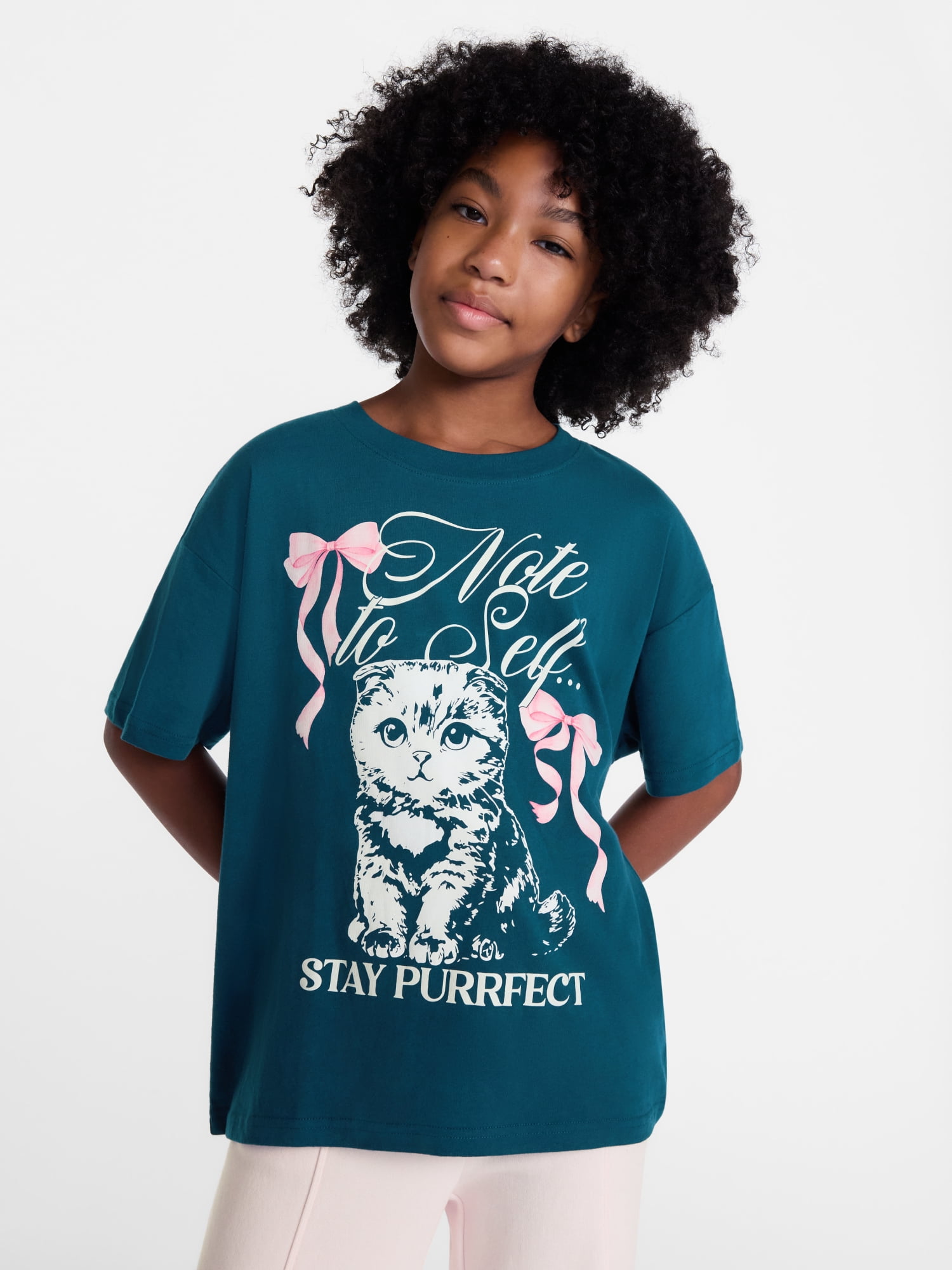 Weekend Academy Girls Oversized Graphic Cotton Tee with Short Sleeves, Sizes 4-18