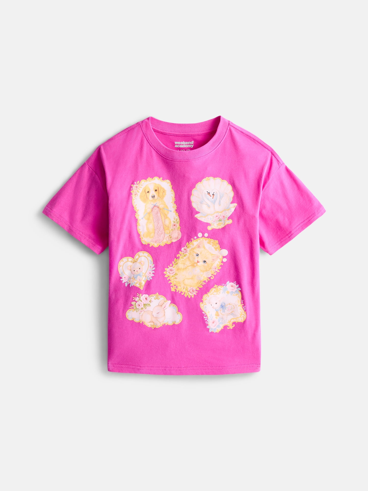 Weekend Academy Girls Oversized Graphic Cotton Tee with Short Sleeves, Sizes 4-18