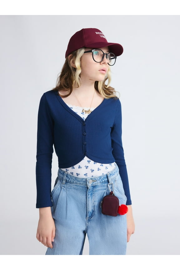 Girls Long Sleeve Ribbed Cardigan, Sizes 4-18