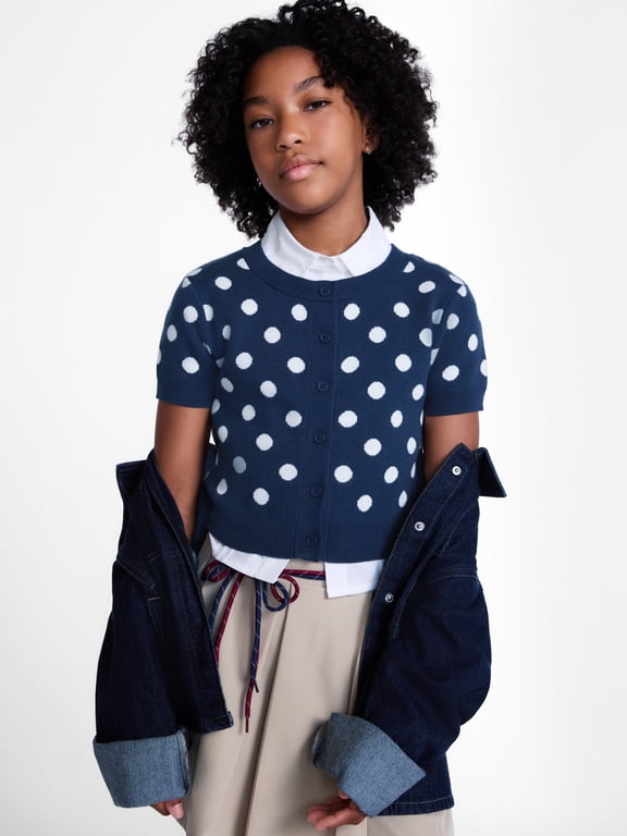 Girls Short Sleeve Button Front Cable Knit Cardigan,, Sizes 4-18