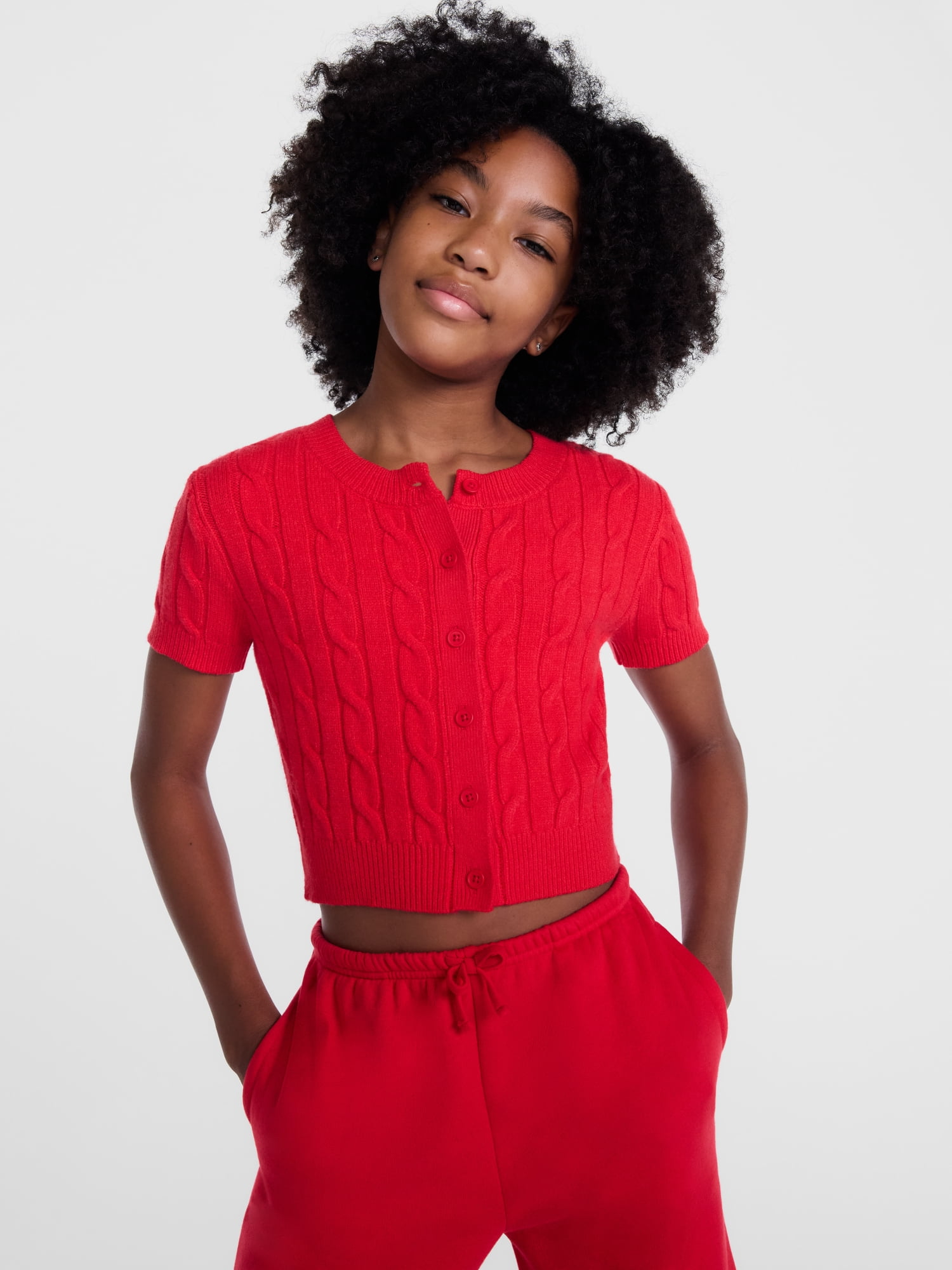 Weekend Academy Girls Button Front Cable Knit Cardigan with Short Sleeves, Sizes 4-18