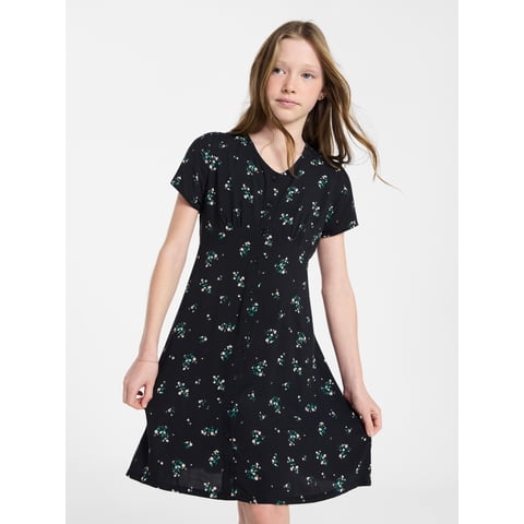 Girls Button-Front Dress with Short Sleeves, Sizes 4-18