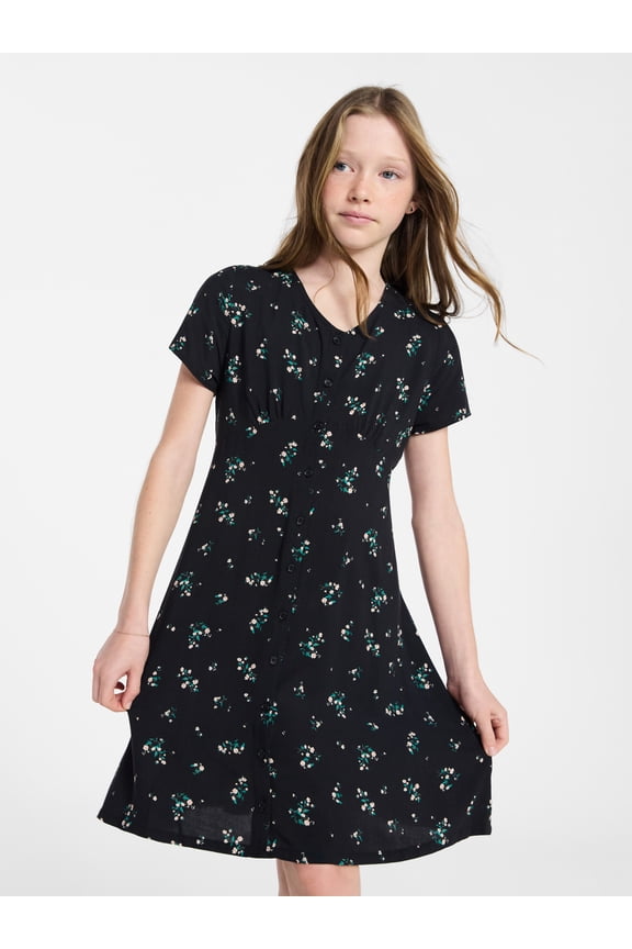 Girls Button-Front Dress with Short Sleeves, Sizes 4-18