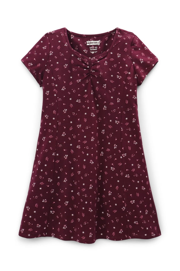 Girls Short Sleeve Knit Ruched Neck Dress, Sizes 4-18