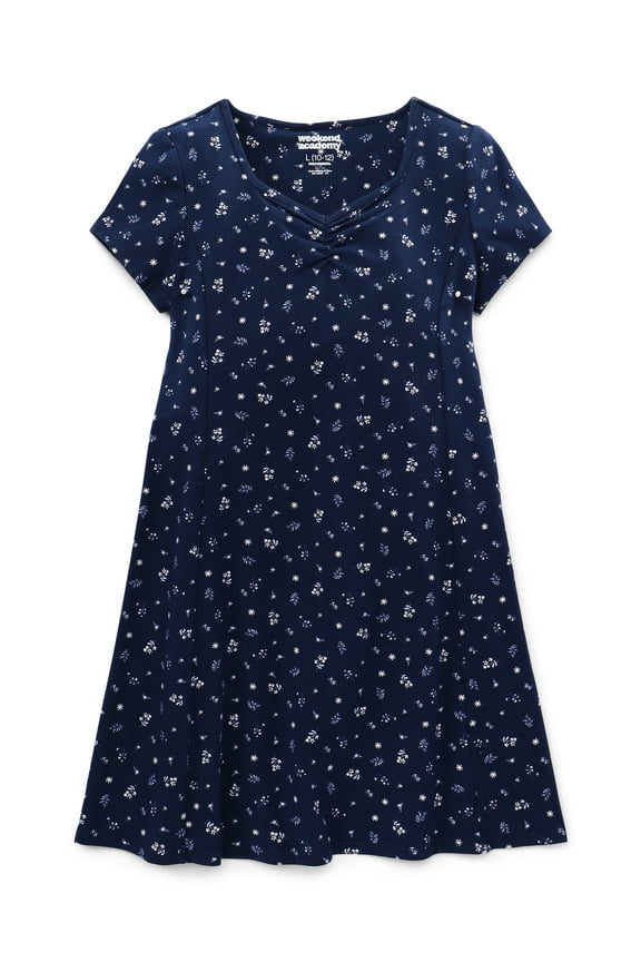 Girls Short Sleeve Knit Ruched Neck Dress, Sizes 4-18