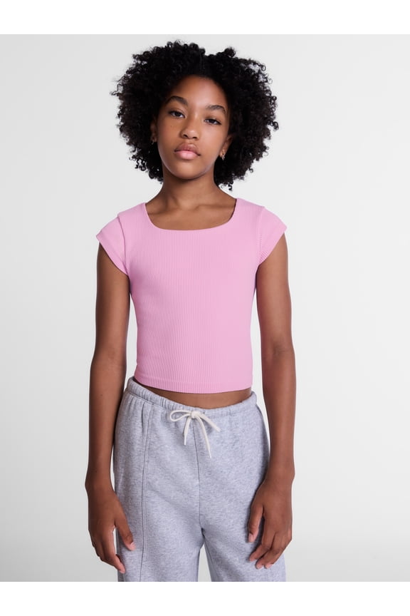 Girls Seamless Rib Knit Top with Short Sleeves, Sizes 4-18