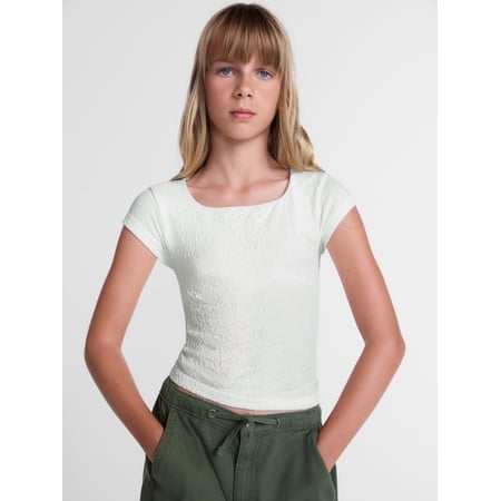 Weekend Academy Girls Seamless Textured Floral Top with Short Sleeves, Sizes 4-18