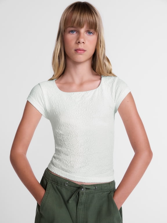 Girls Seamless Textured Floral Top with Short Sleeves, Sizes 4-18