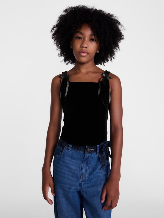 Girls Velour Square Neck Tank Top with Bows, Sizes 4-18