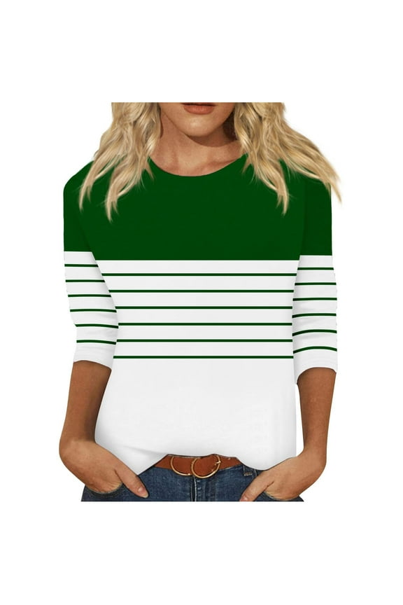 Weekend Big Promotion! ChaoHeng Autumn Long Sleeve Plus Round Neck,Fashion Women's Loose Blouses Printed 3/4 Sleeved T-Shirt Round Neck Top(Green,M)