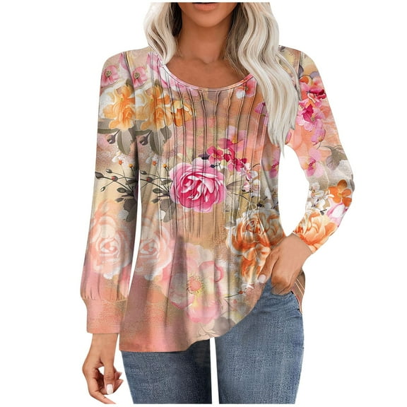 Weekend Big Promotion! ChaoHeng Autumn Long Sleeve Plus Round Neck,Women's Casual Long-sleeved Loose Round Neck Non-positioned Printed Top(Orange,XXL)