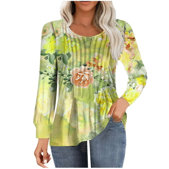 Weekend Big Promotion! ChaoHeng Autumn Long Sleeve Plus Round Neck,Women's Casual Long-sleeved Loose Round Neck Non-positioned Printed Top(Yellow,S)
