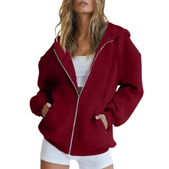 Weekend Big Promotion! ChaoHeng Hoodies for Women Zip up Hanes ,Women's Solid Raglan Sweater Zipper Hooded Cardigan Sweater Long Sleeve Top Sweater(Wine,S)
