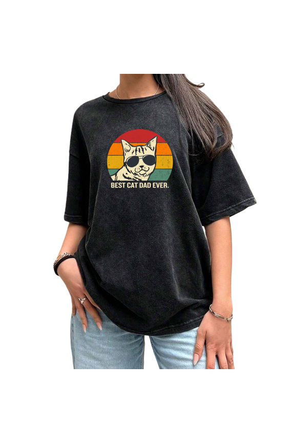 Weekend Chill Cat Dad Vibe Black Washed Sunglasses Cat Shirts Graphic Tees Print Tshirt S-2XL Tops