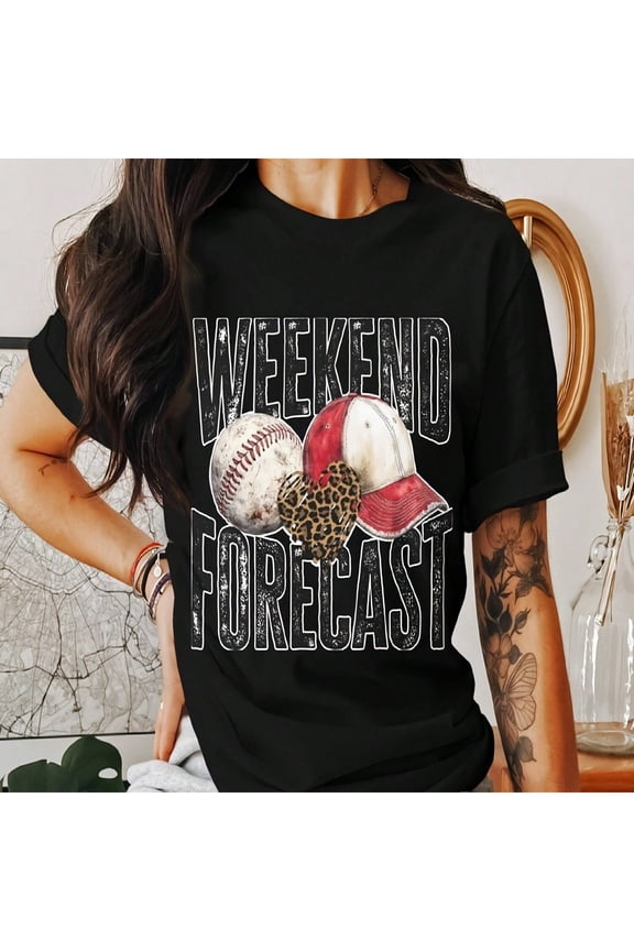 Weekend Forecast Baseball Leopard Heart Graphic T-Shirt Women's Casual Short Sleeve Tee