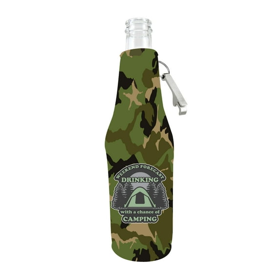 Weekend Forecast Drinking with a chance of Camping Beer Bottle Coolie (Camo With Opener)