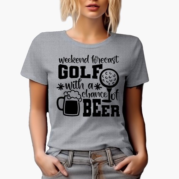 Weekend Forecast, Golf with a Chance of Beer Quote with Ball on a Tee & Mug, Golf Player, Golfing or Golfer Themed Merch Gift, Heather Grey T-Shirt, L