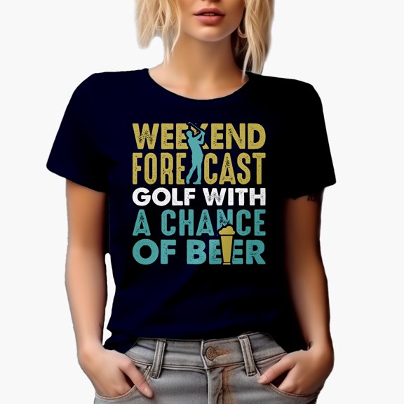 Weekend Forecast, Golf with a Chance of Beer, Drinking Quote, Golf Player, Golfing or Golfer Themed Merch Gift, Navy Blue T-Shirt, Large