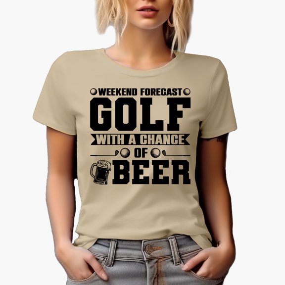 Weekend Forecast, Golf with a Chance of Beer Quote, Golf Player, Golfing or Golfer Themed Merch Gift, Tan T-Shirt, M